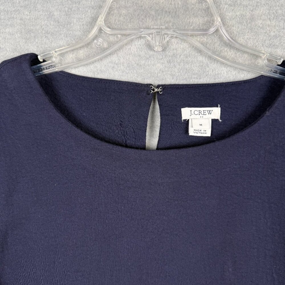 J Crew Factory M Solid Ruffle Sleeve Shift Dress Navy Blue Textured Cotton Blend - Picture 3 of 12